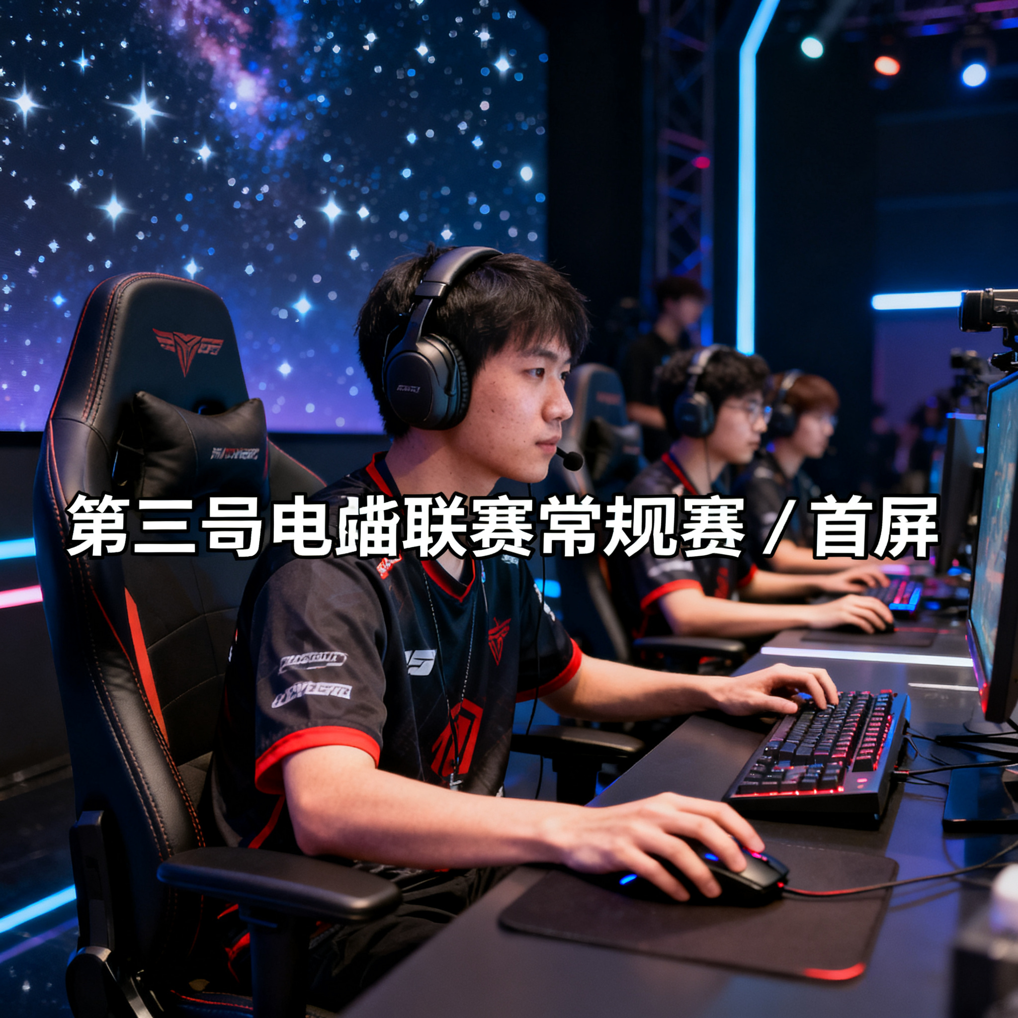 电竞赛事舞台上战队选手正在比赛的现场画面